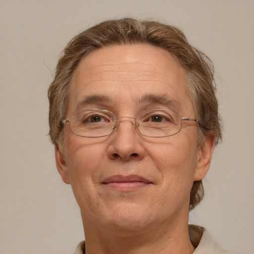 Joyful white middle-aged male with short  brown hair and brown eyes