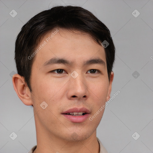 Neutral asian young-adult male with short  brown hair and brown eyes