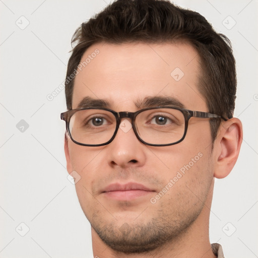 Neutral white young-adult male with short  brown hair and brown eyes