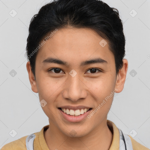 Joyful latino young-adult male with short  brown hair and brown eyes