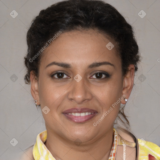 Joyful latino young-adult female with short  brown hair and brown eyes