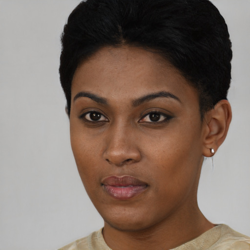 Neutral asian young-adult female with short  black hair and brown eyes