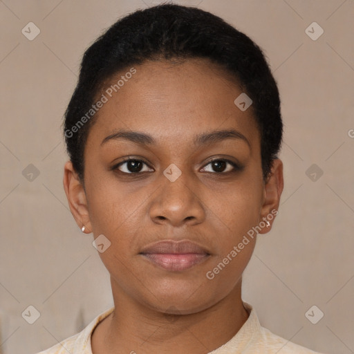 Neutral black young-adult female with short  brown hair and brown eyes