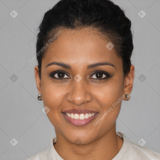 Joyful black young-adult female with short  brown hair and brown eyes