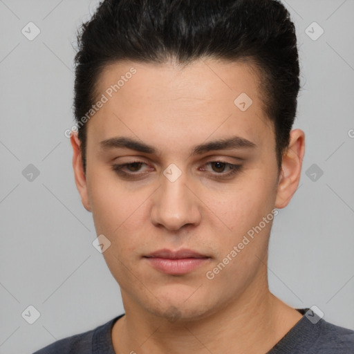 Neutral white young-adult male with short  brown hair and brown eyes