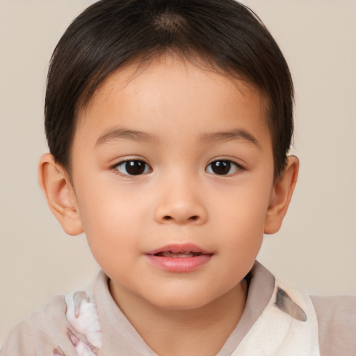 Joyful white child female with short  brown hair and brown eyes