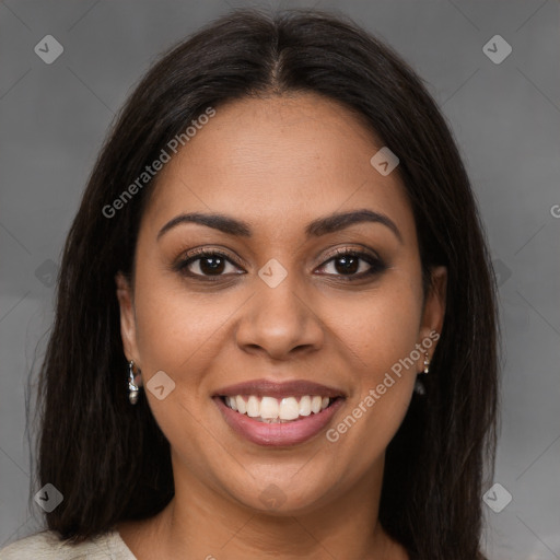 Joyful latino young-adult female with medium  brown hair and brown eyes