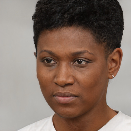 Neutral black young-adult female with short  black hair and brown eyes