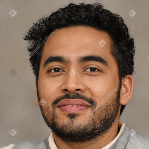 Neutral latino young-adult male with short  black hair and brown eyes