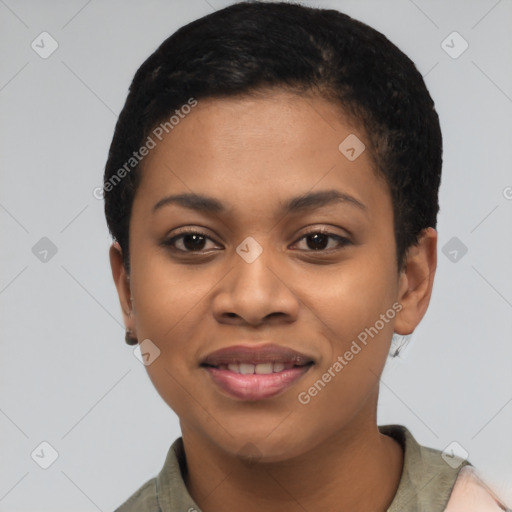 Joyful latino young-adult female with short  black hair and brown eyes