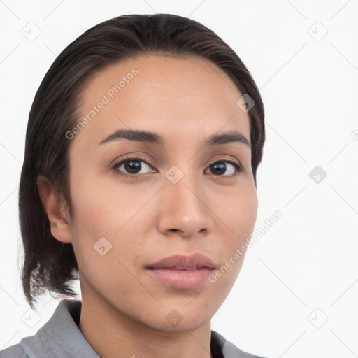 Neutral white young-adult female with medium  brown hair and brown eyes