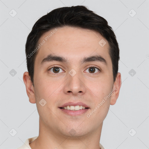 Joyful white young-adult male with short  brown hair and brown eyes