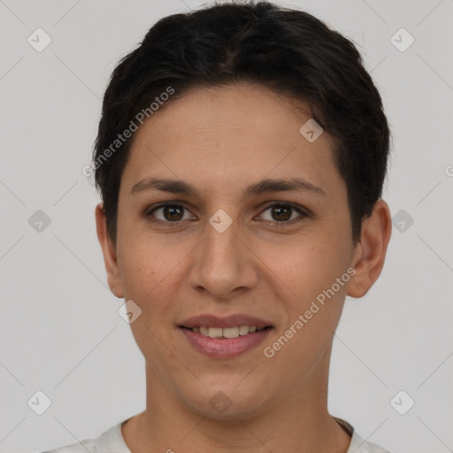 Joyful white young-adult female with short  brown hair and brown eyes