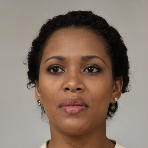 Neutral black adult female with short  black hair and brown eyes