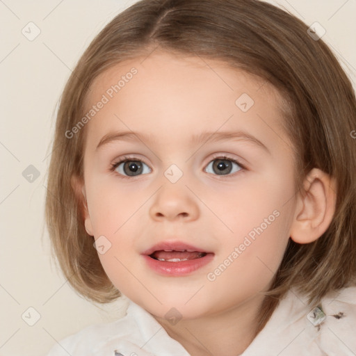 Joyful white child female with medium  brown hair and brown eyes