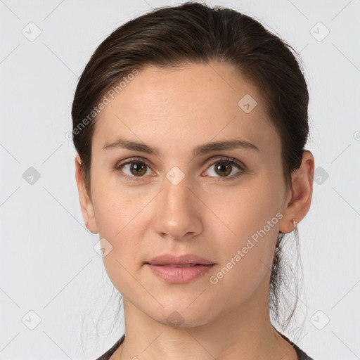 Neutral white young-adult female with medium  brown hair and brown eyes