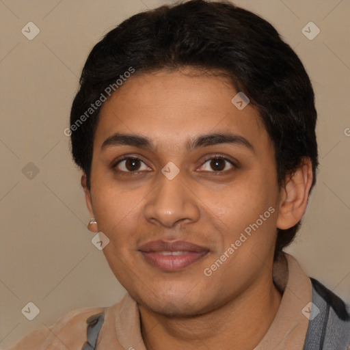 Joyful latino young-adult female with short  brown hair and brown eyes