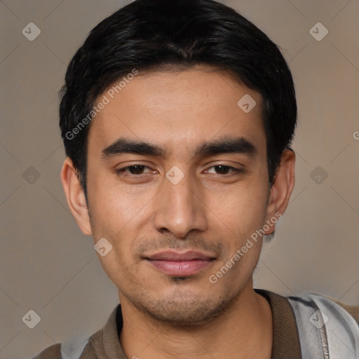 Joyful asian young-adult male with short  black hair and brown eyes