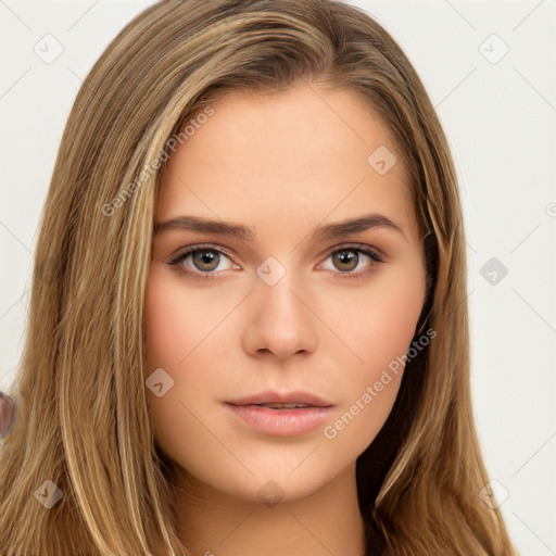 Neutral white young-adult female with long  brown hair and brown eyes