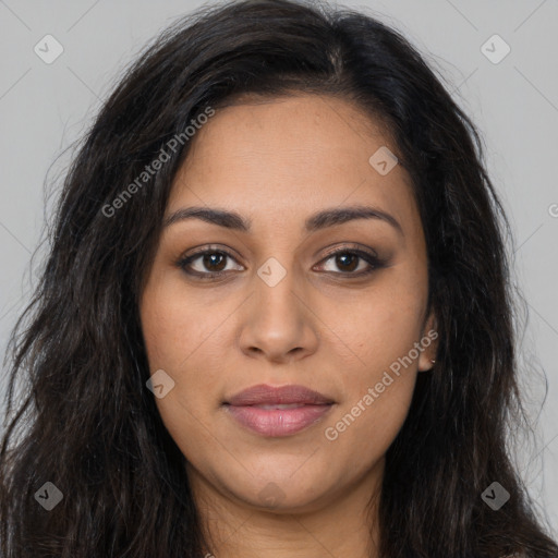 Joyful latino young-adult female with long  brown hair and brown eyes