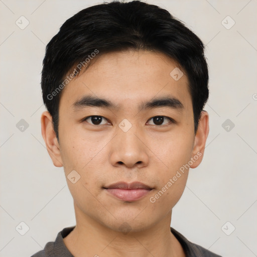 Neutral asian young-adult male with short  black hair and brown eyes