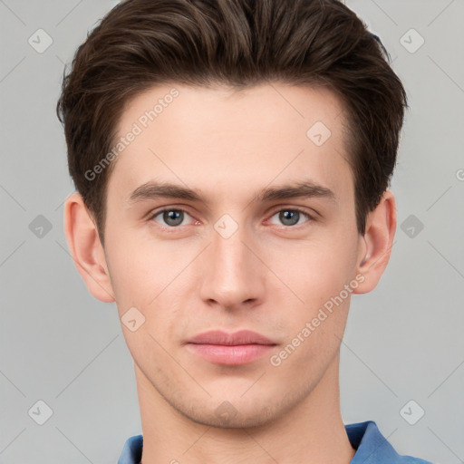 Neutral white young-adult male with short  brown hair and brown eyes