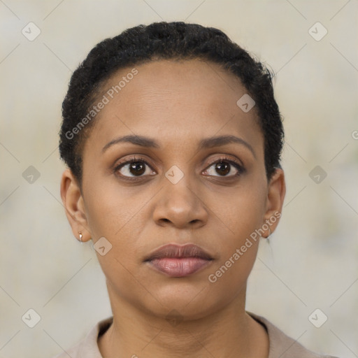 Neutral black young-adult female with short  brown hair and brown eyes