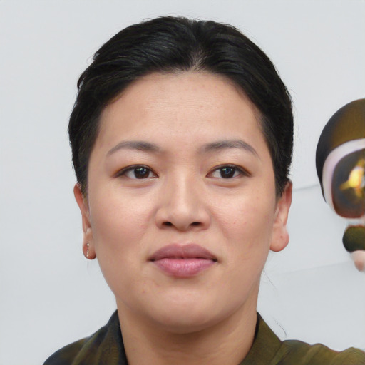 Joyful asian young-adult female with short  brown hair and brown eyes