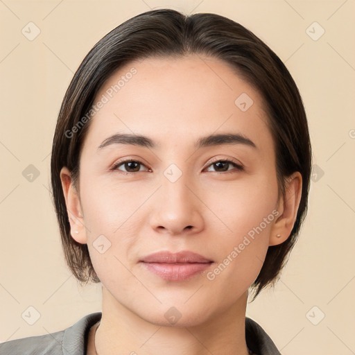 Joyful white young-adult female with medium  brown hair and brown eyes