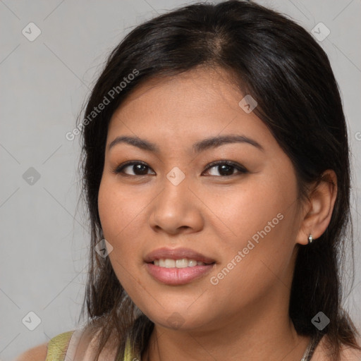 Joyful asian young-adult female with medium  brown hair and brown eyes