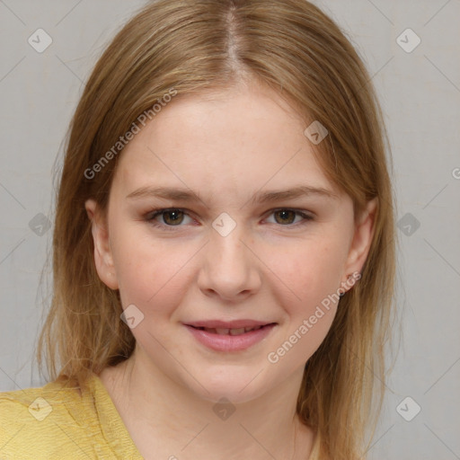 Joyful white child female with medium  brown hair and brown eyes