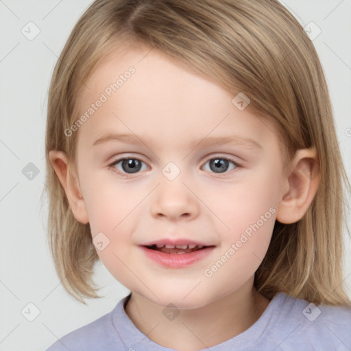 Joyful white child female with medium  brown hair and grey eyes