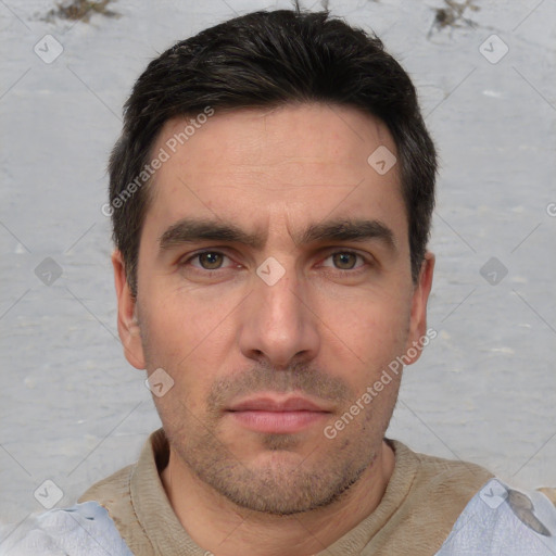 Neutral white young-adult male with short  brown hair and brown eyes