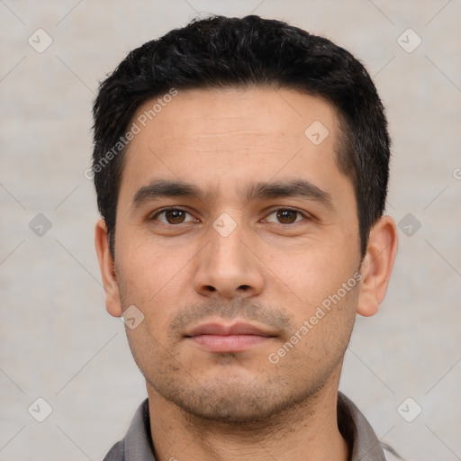 Neutral asian young-adult male with short  black hair and brown eyes