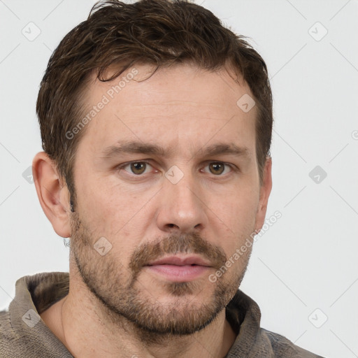 Neutral white young-adult male with short  brown hair and grey eyes