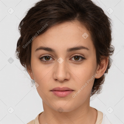 Neutral white young-adult female with medium  brown hair and brown eyes