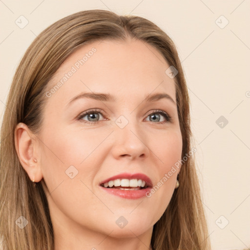 Joyful white young-adult female with long  brown hair and grey eyes