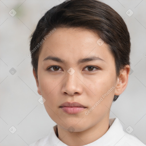 Neutral asian young-adult female with short  brown hair and brown eyes