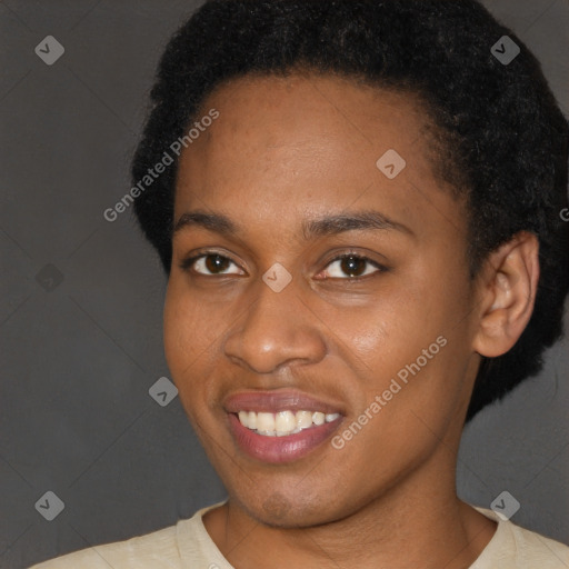 Joyful latino young-adult female with short  black hair and brown eyes