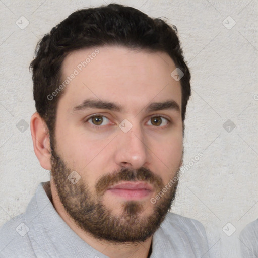 Neutral white young-adult male with short  black hair and brown eyes