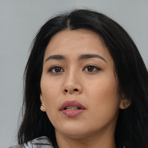 Neutral asian young-adult female with long  black hair and brown eyes