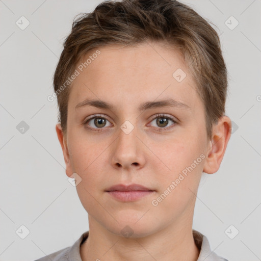 Neutral white young-adult female with short  brown hair and brown eyes