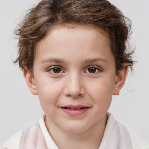 Joyful white child female with short  brown hair and brown eyes