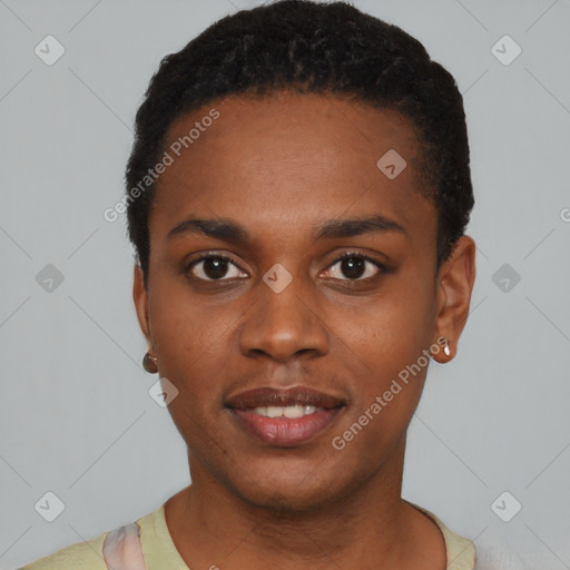 Joyful black young-adult male with short  black hair and brown eyes