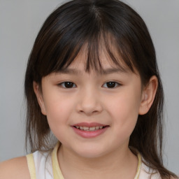 Joyful white child female with medium  brown hair and brown eyes