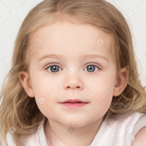 Neutral white child female with medium  brown hair and blue eyes