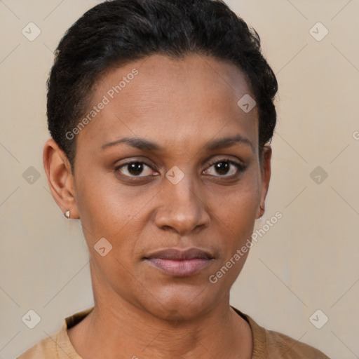 Neutral latino young-adult female with short  brown hair and brown eyes