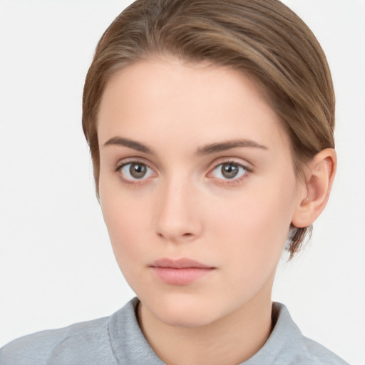 Neutral white young-adult female with short  brown hair and brown eyes