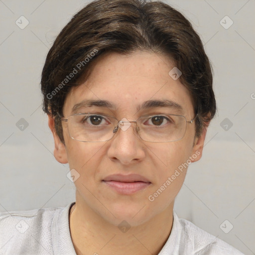 Joyful white adult female with short  brown hair and brown eyes