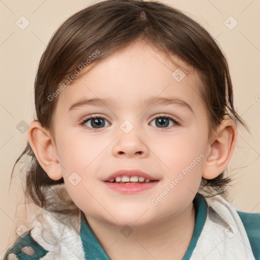 Joyful white child female with medium  brown hair and brown eyes